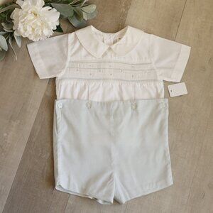 Strasburg Heirloom Collection Smocked White & Green Bobby Suit 18 Months NWOT